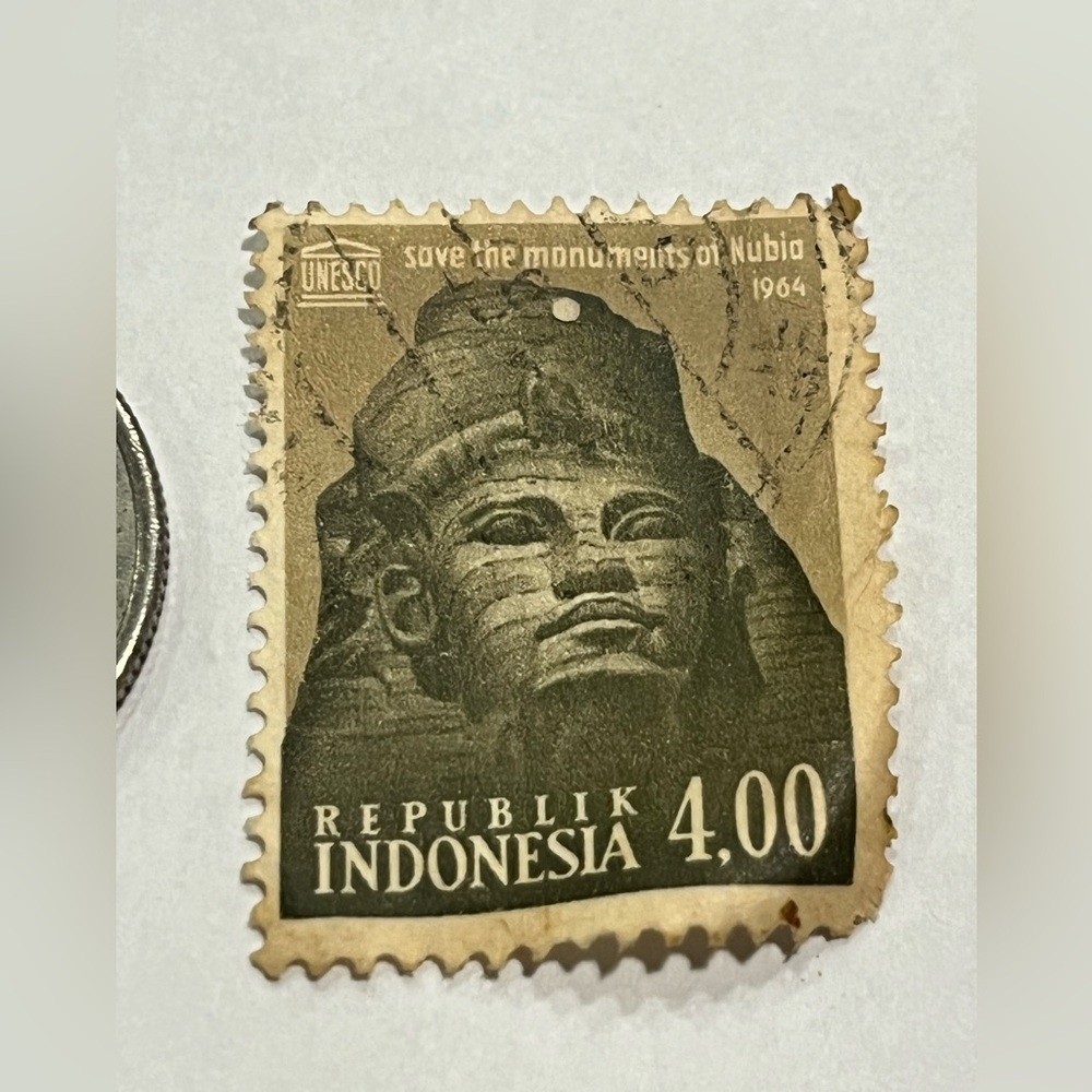 Vintage Old Used Ramesses II Statue and Trajan's Kiosk Indonesian Stamp 1964